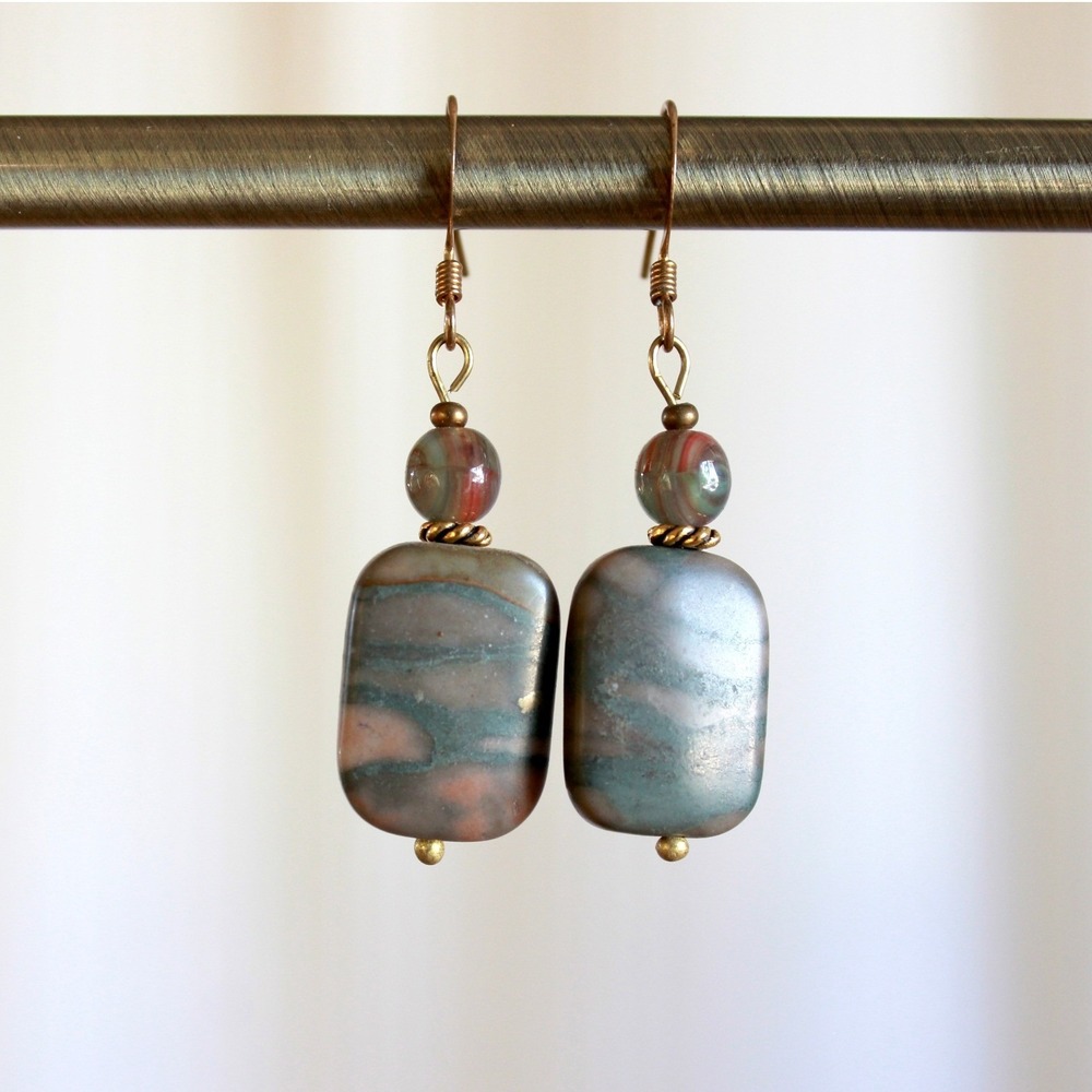 Handmade Marbled Stone Drop Earrings Blue Grey Terracotta Brass French Wire G1